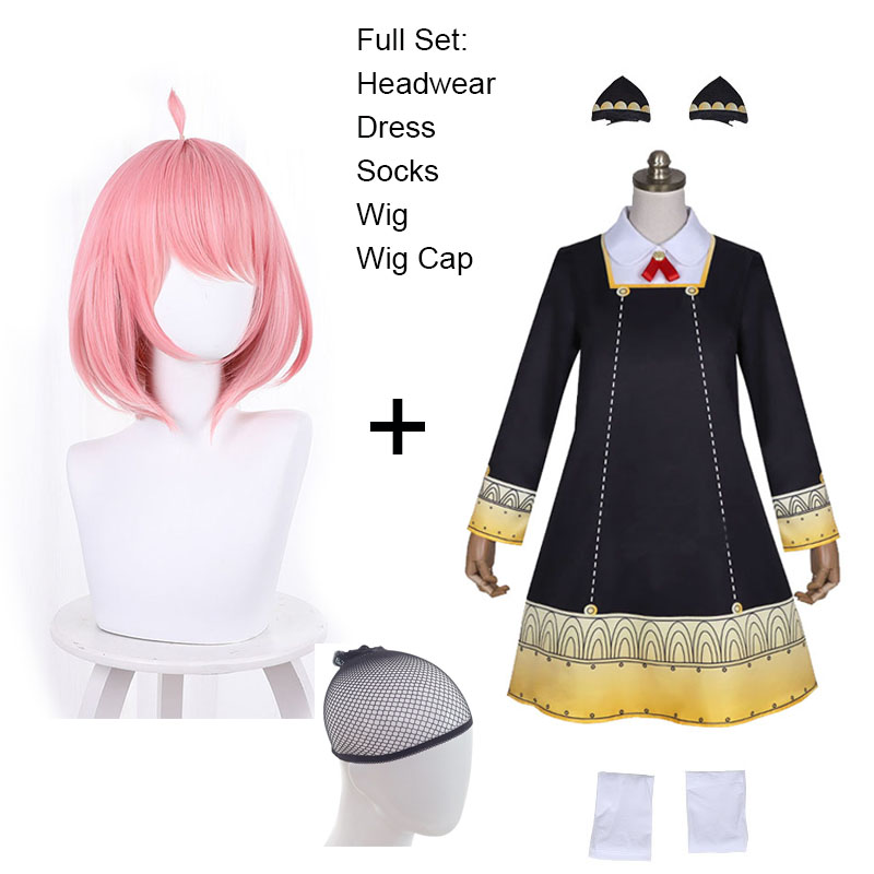 Anime SPY X FAMILY Anya Forger Cosplay Costume Black Dress Uniform Cute Girls Pink Wig Stockings Party Role Outfit Adults Kids alx