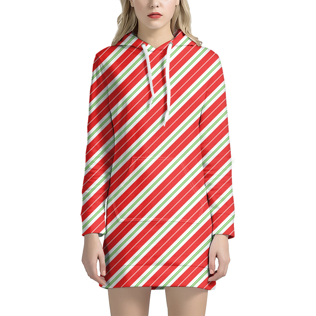 Christmas Candy Cane Stripes Print Women’S Pullover Hoodie Dress