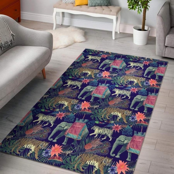 Tropical Palm Leave Peacock Tiger Elephant Area Rug