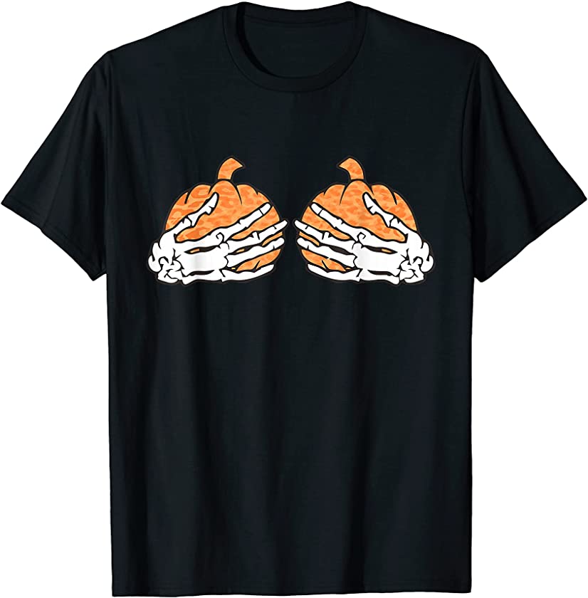 Skeleton Hands On Chest Leopard Pumpkin Boobs Bone T-Shirt