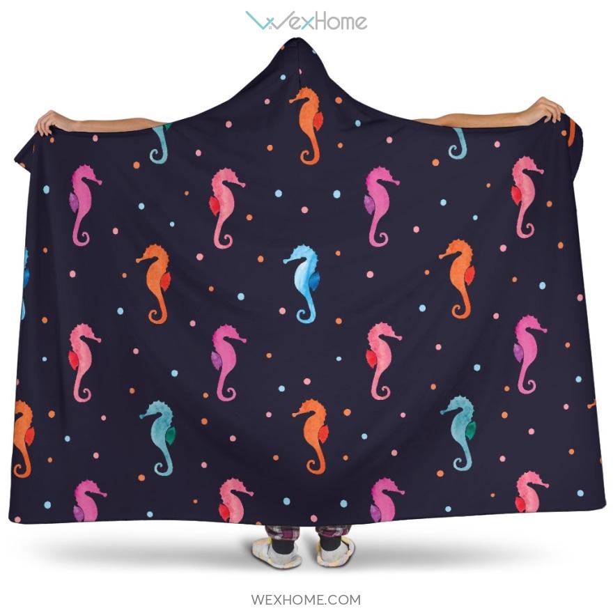 Watercolor Colorful Seahorse Pattern Hooded Blanket