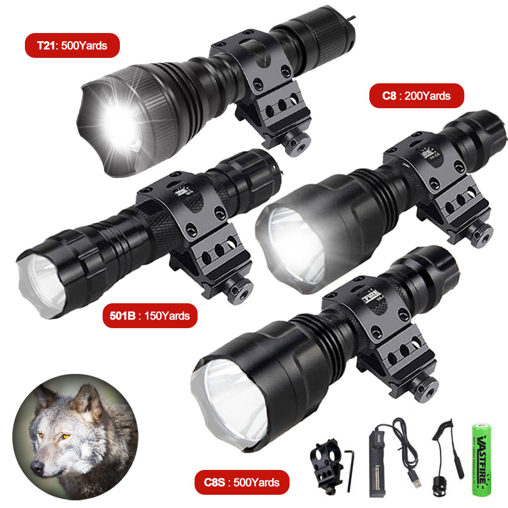 500 Yards T6 C8S/C8/501B Tactical Hunting Flashlight Torches Green Red White Light LED Rechargable Flashlights+18650+Charger alx