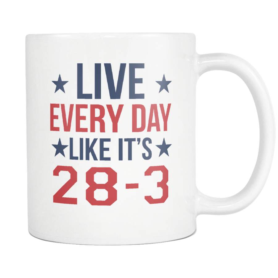 Live Everyday Like It’s 28-3 Mug – Funny New England Patriots Tom Brady GOAT Coffee Cup