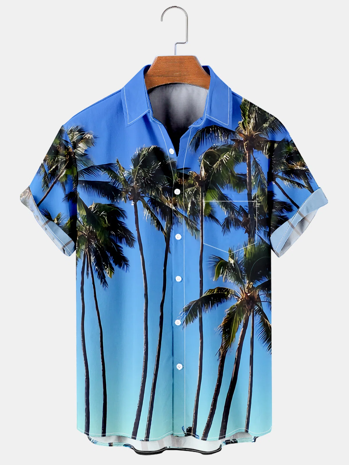 Hawaii Shirt Beach Landscape Coconut Tree Print Blue Cotton Blend Short Sleeve Ha52445