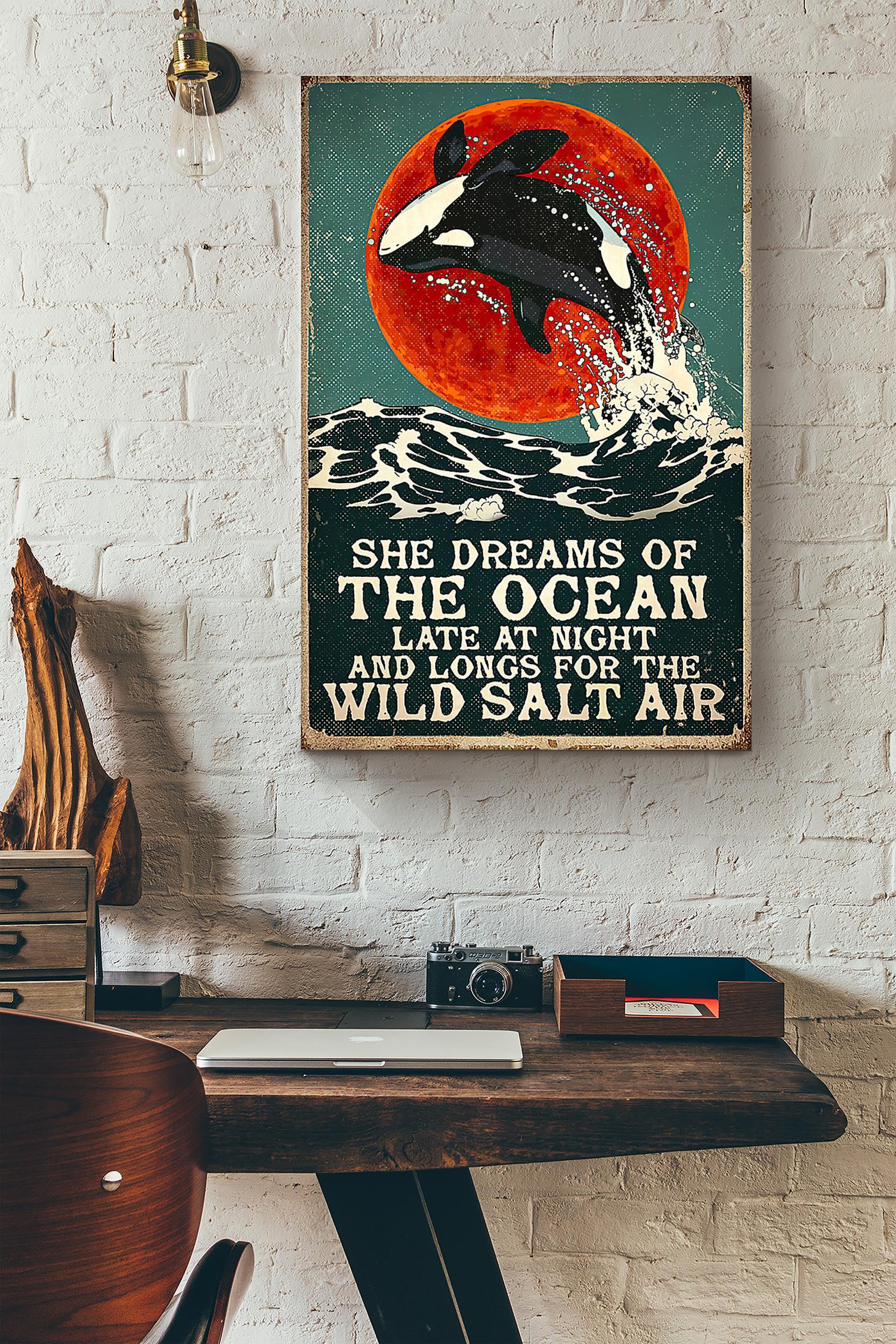 Whale She Dreams Of The Ocean Late At Night Blood Moon Poster Wrapped Canvas