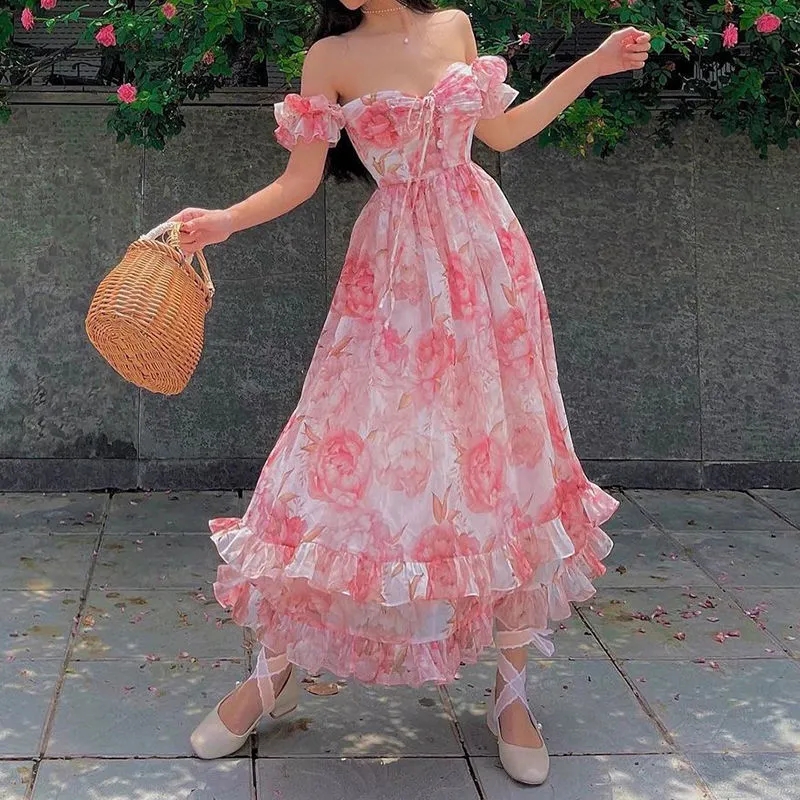 Vintage chic Off Shoulder Floral Print Dresses Women Sexy Backless Summer Ruffle Casual sweet Mini Dress ins 2022 women clothing alx