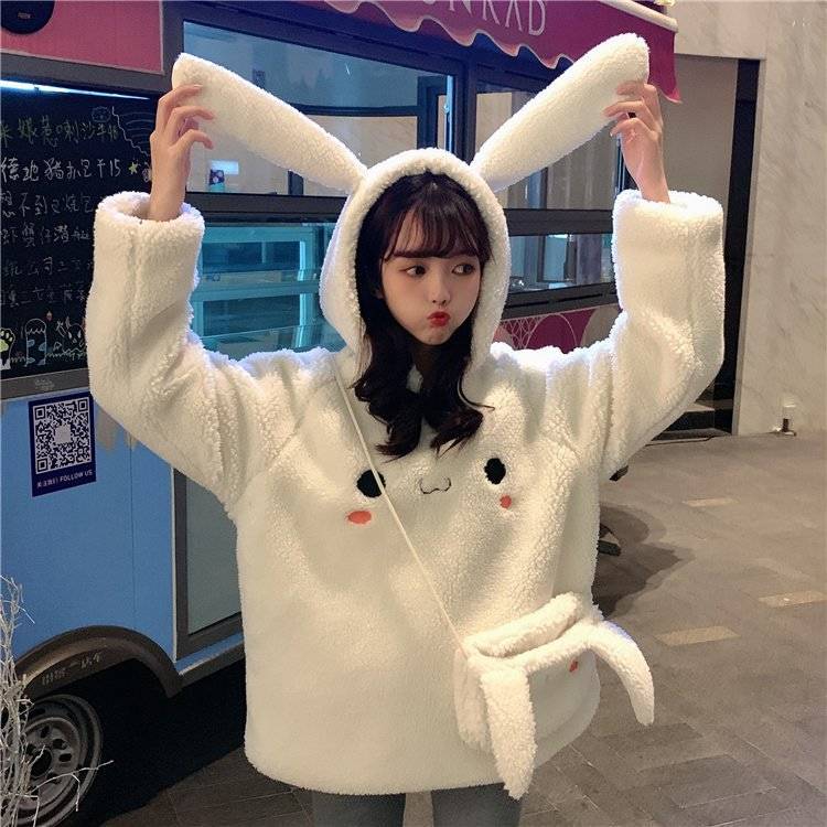 Loose Bunny Ear Hoodies For Women Warm Long Sleeve Sweet Kawaii Rabbit Bag Hooded Female 2020 Autumn Winter Cute Sweatshirt alx