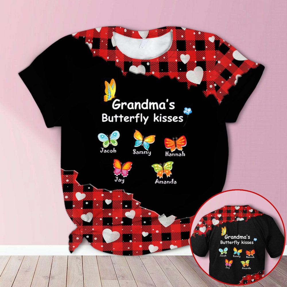 Personalized Grandma’S Butterfly Kisses Red Plaid All Over Print Shirts, 3D Hoodie, Sweatshirt, Shirt And Polo For Grandma Hn98 Do99