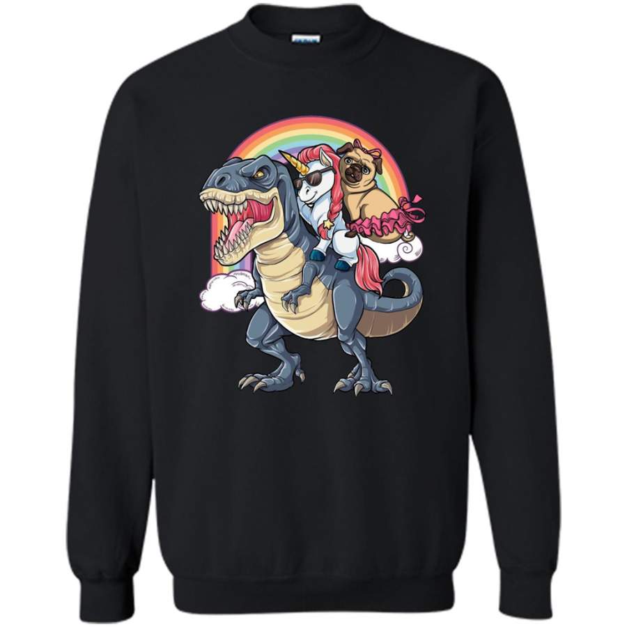 Unicorn and Pit Pug Dog Riding Dinosaur Rainbow – Gildan Crewneck Sweatshirt