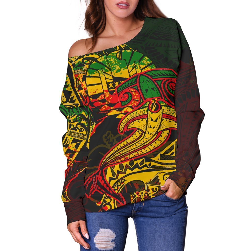 Tahiti Red Shark Polynesian Tattoo Color Women’S Off Shoulder Sweater