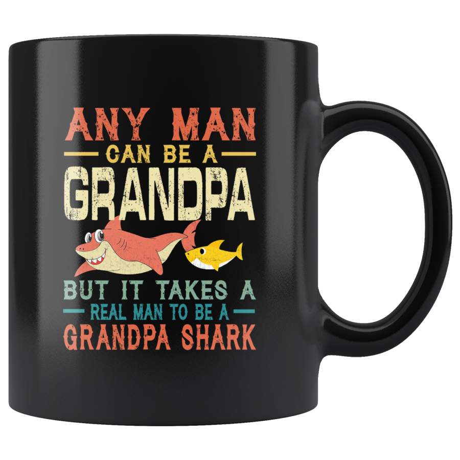 Vintage real man to be a grandpa shark, gift black coffee mug for grandpa