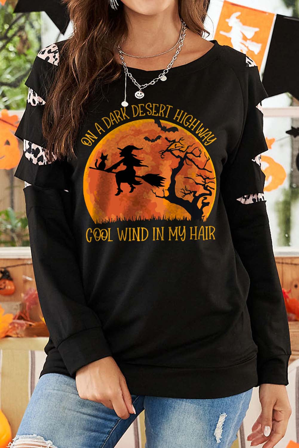 Women’S Sweatshirts Leopard Halloween Witch Sweatshirt