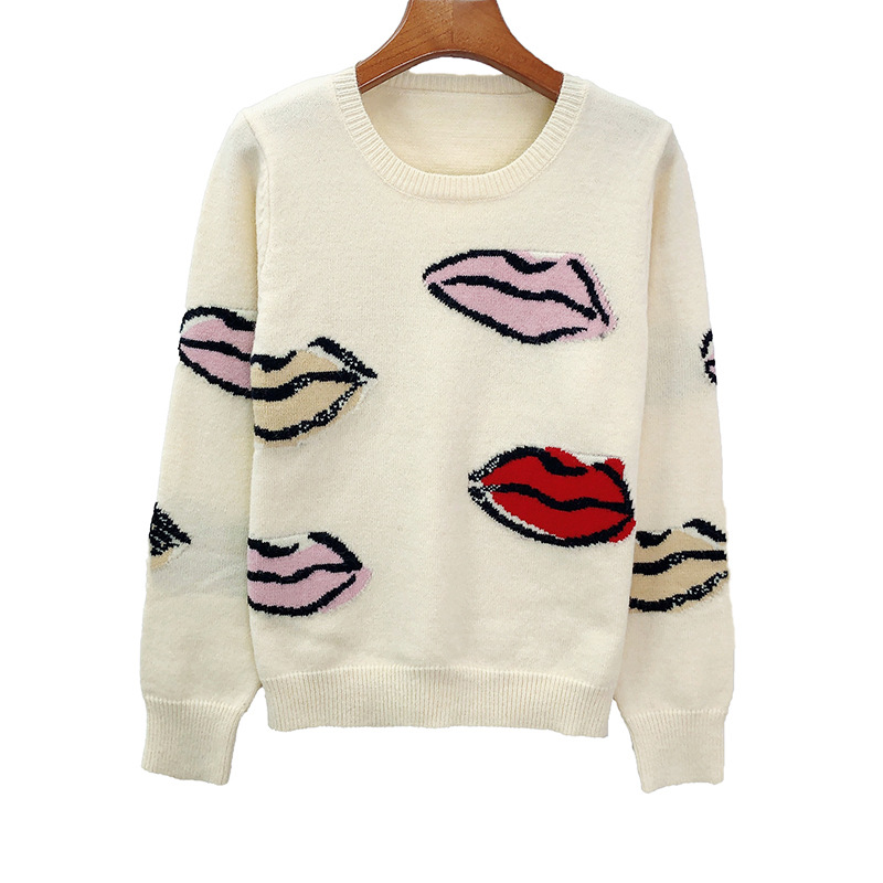 WAKUTA Lip Prints Knitted Pullovers Women Sweaters Autumn Winter All Match Black Apricot Oversize Jumper Korean Ins 2021 Chic alx