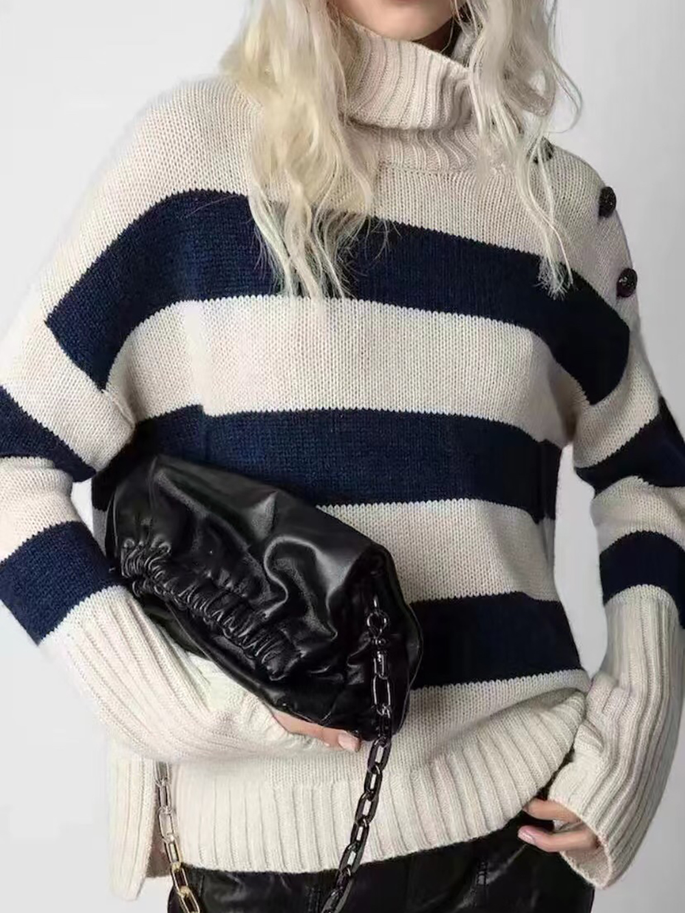 ZESSAM Stripe Jacquard Knit Women Sweater Turtleneck Long Sleeve Button Female Pullover Classic Casual Lady Tops alx