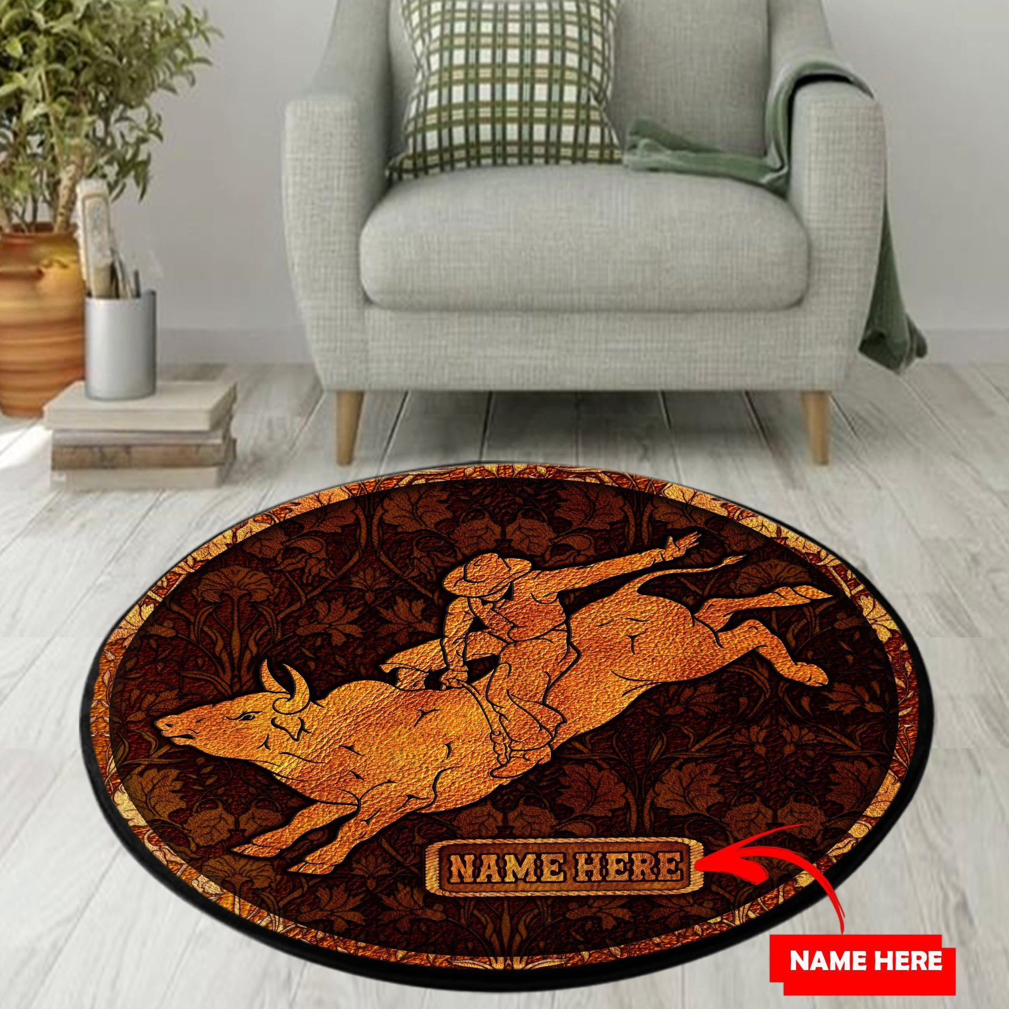 Personalized Name Vintage Bull Riding Circle Rug - Area Rugs, Fall Style For Your Home