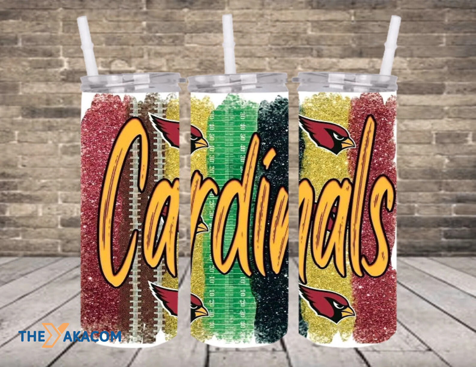 Red And Yellow Bling Glitter Stripes With Green Stadium Arizona Cardinals Tumbler