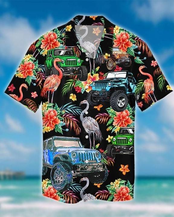 Jeep And Flamingo Print Short Sleeve Hawaii Casual Shirt Ha63976