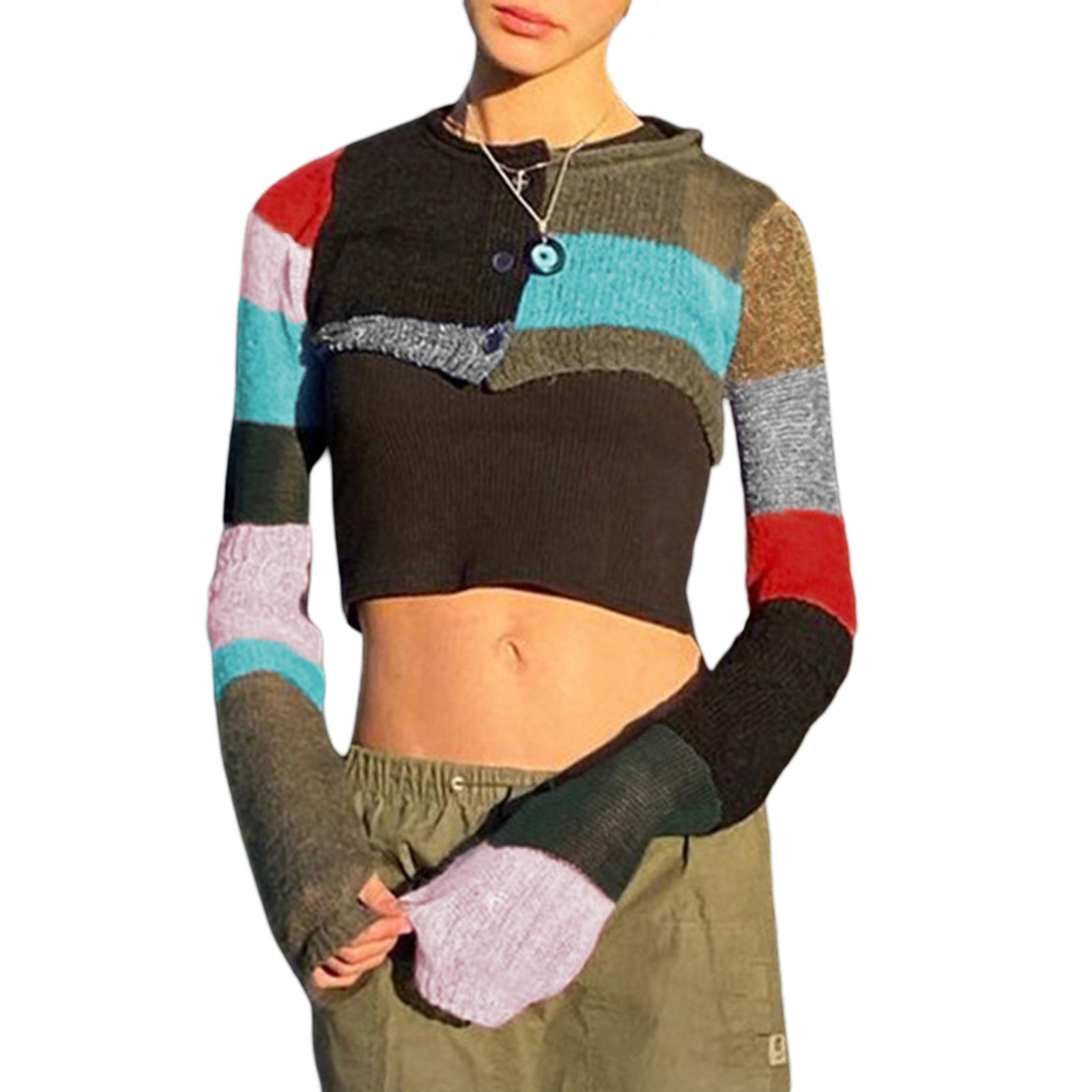 Women Y2K Crochet Shrug Sweater Knit Long Sleeve Crop Tops Cover Ups Contrast Color Patchwork Cardigan Sweaters Streetwear alx