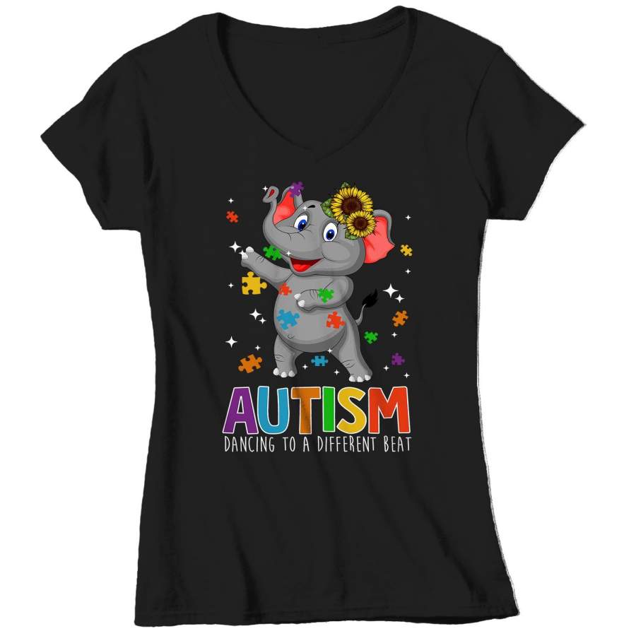 Women’s V-Neck Autism Elephant T Shirt Dancing To Different Beat Autism Shirt Cute Autism T Shirt Autism Awareness Shirt