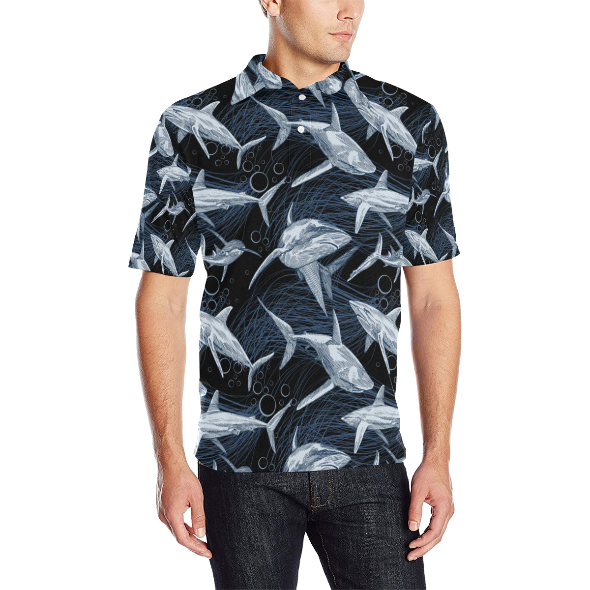 Shark Print Pattern Men Polo Shirt