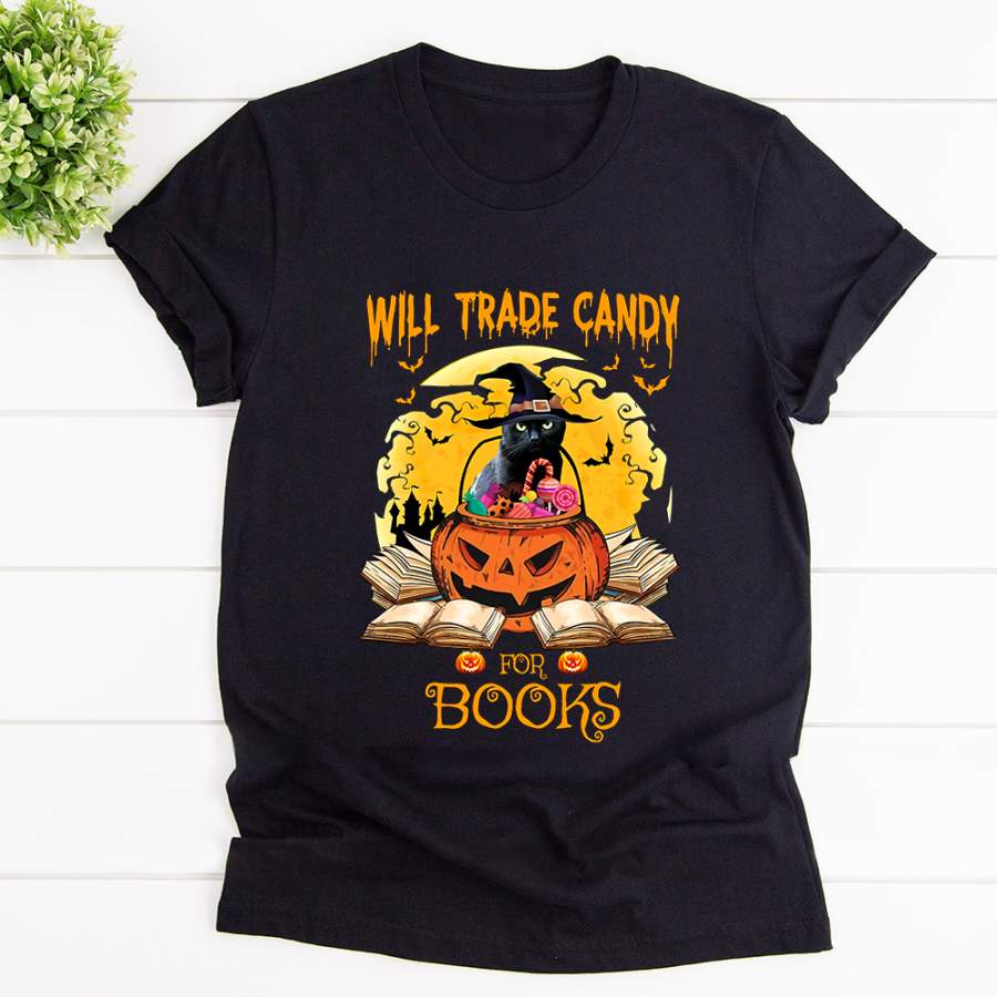 Black cat will trade candy for books Halloween black cotton t shirt for men and women S-6XL