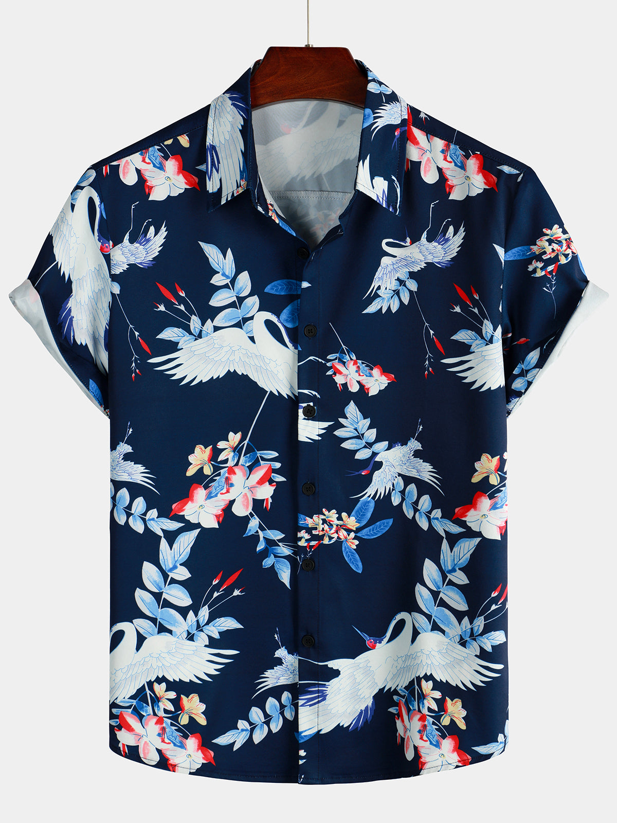 Retro Crane Bird Floral Print Holiday Navy Blue Hawaii Short Sleeve Shirt Ha77101