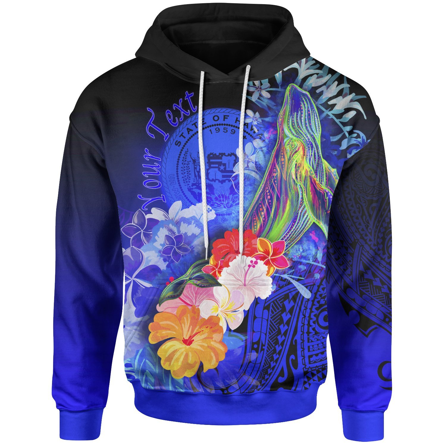 Polynesian Hawaii Personalised Hoodie – Humpback Whale with Tropical Flowers (Blue)- Pacific Print Hoodie