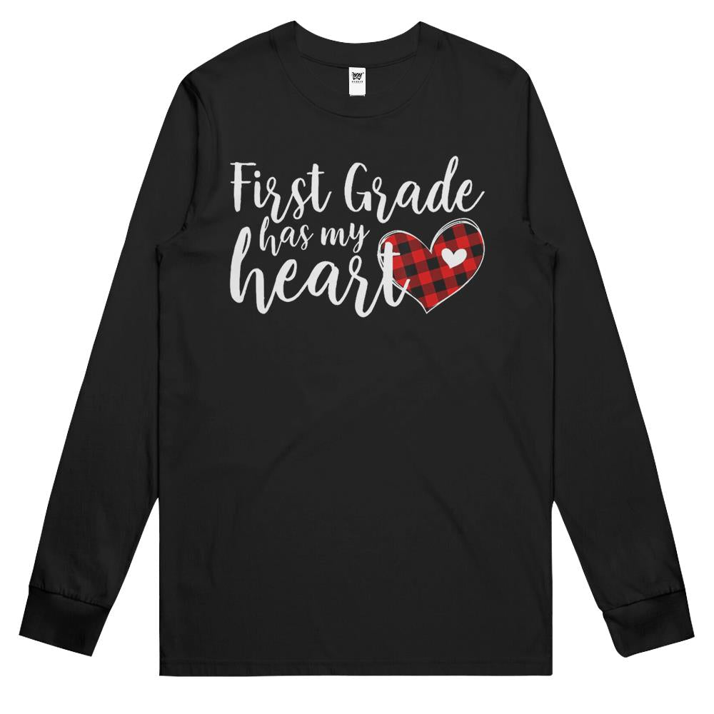 Buffalo Plaid St First Grade Has My Heart Teacher Valentine Long Sleeve T Shirts