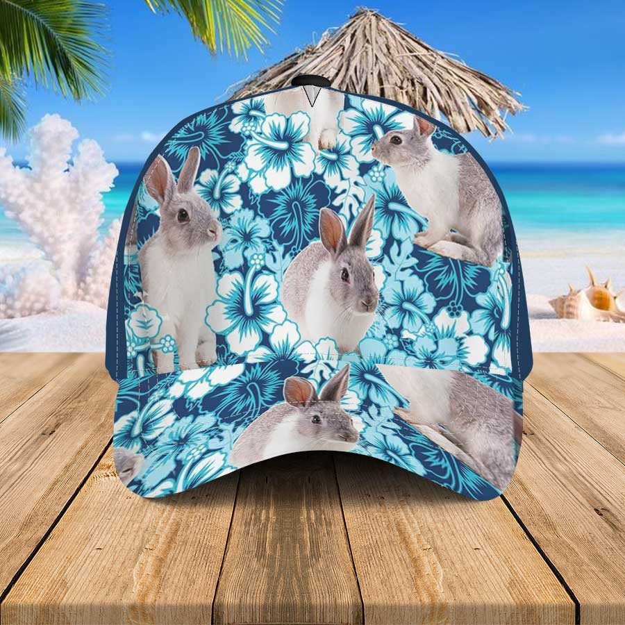 Rabbit Blue Hibiscus Flowers Hawaiian Summer Hats, Rabbit Beach 3D Baseball Cap