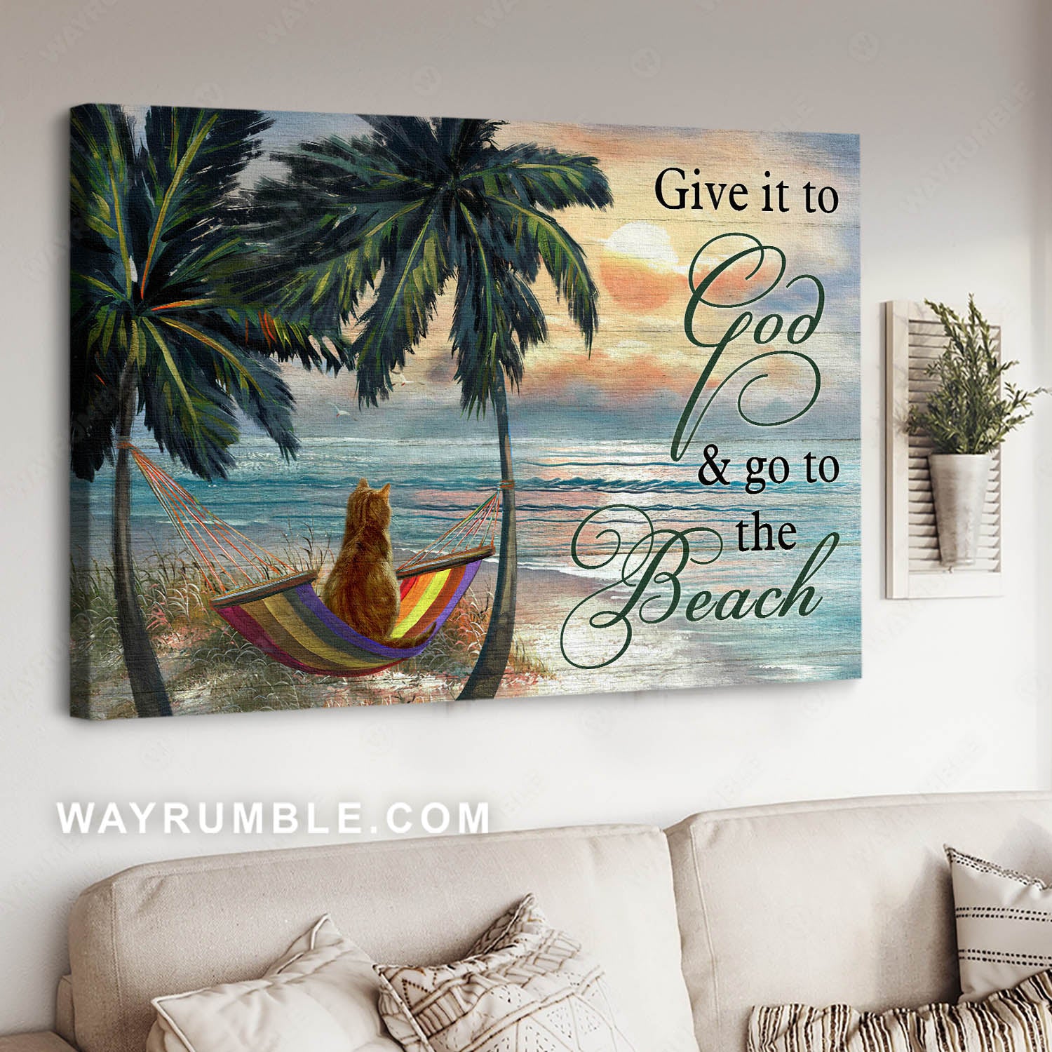 Tabby Kitten, Palm Tree, Beach Hammock, Sunrise Ocean, Give It To God – Jesus Landscape Canvas Prints, Christian Wall Art