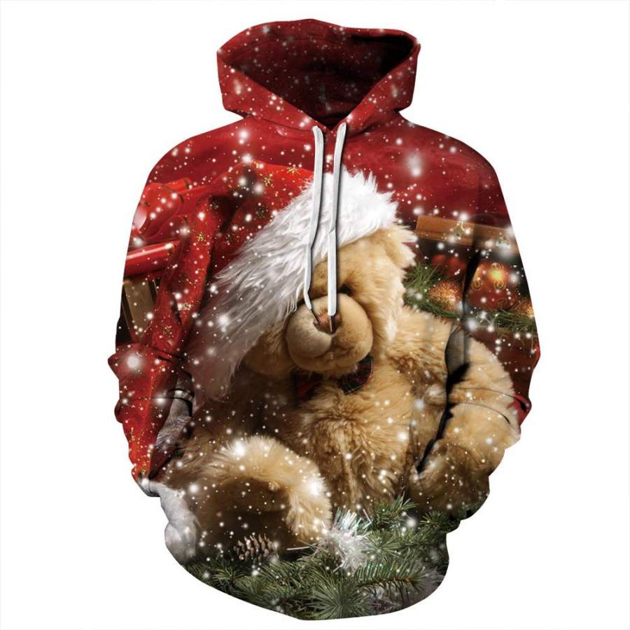 Red Teddy Bear Print Christmas Hoodie Unisex  Sweatshirt