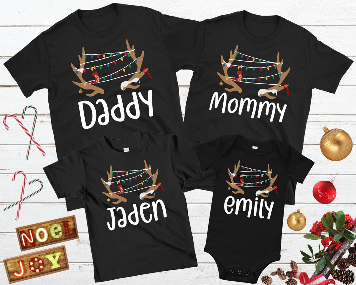 Personalized Family Christmas Shirt Antler Christmas Lights Hunting Matching Family Pajamas