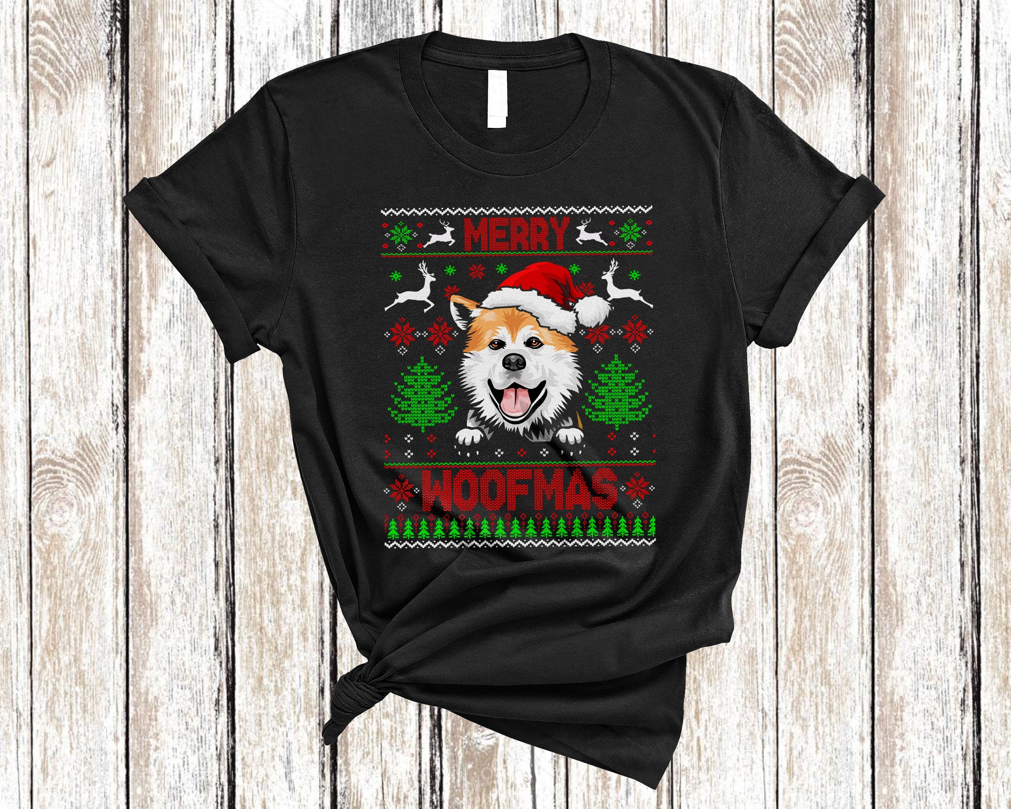 Christmas Dog Shirt Merry Woofmas Funny Ugly Christmas Santa Akita Dog Sweater Gifts T-Shirt