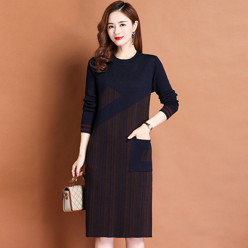 Autumn Dress Women 2022 New Knitting Sweater O-Neck Long Sleeve Knee-Length Patchwork Pocket Decoration Slim Female Clothes alx