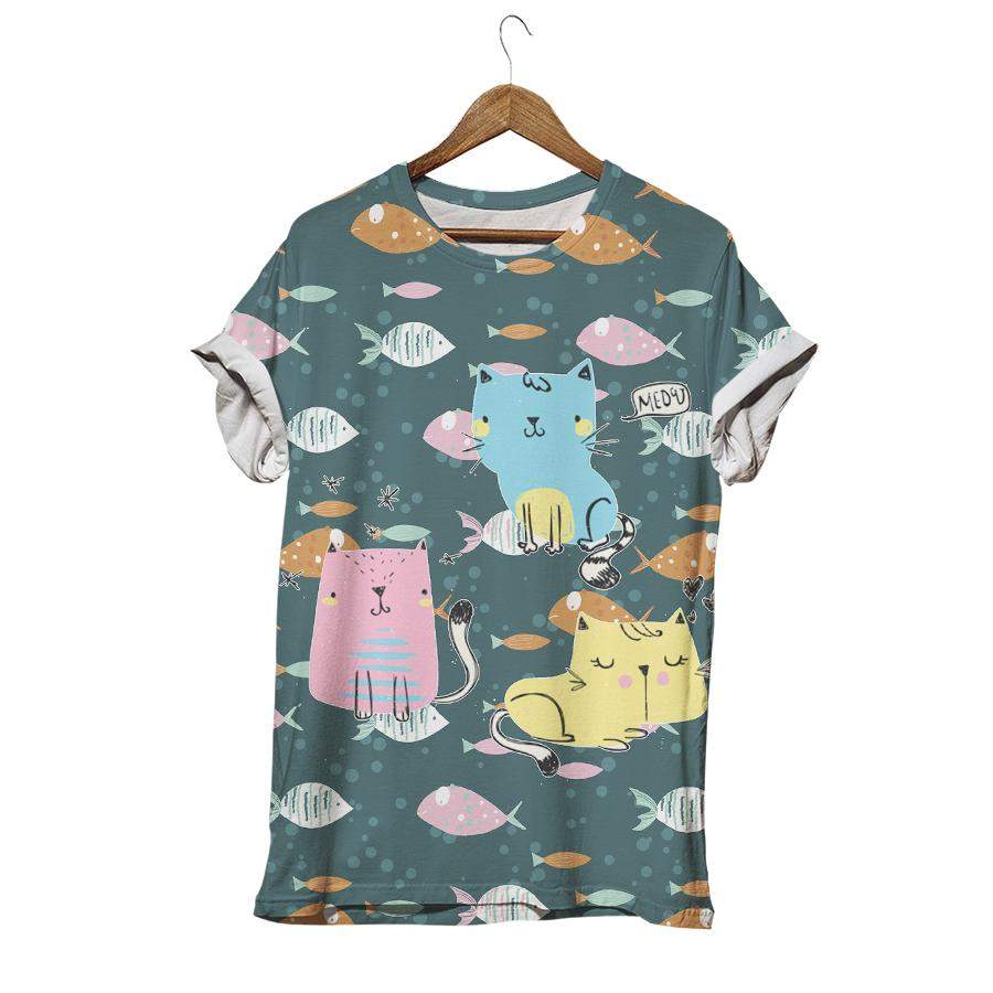 Meow Cute Kittens With Fish Cat T-shirt