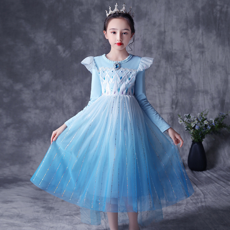 Aisha Princess Long-sleeve Dress Girl Sequins Gauze Long Dress Frozen Elsa Performance Cosplay Costume Xmas Halloween Birthday alx