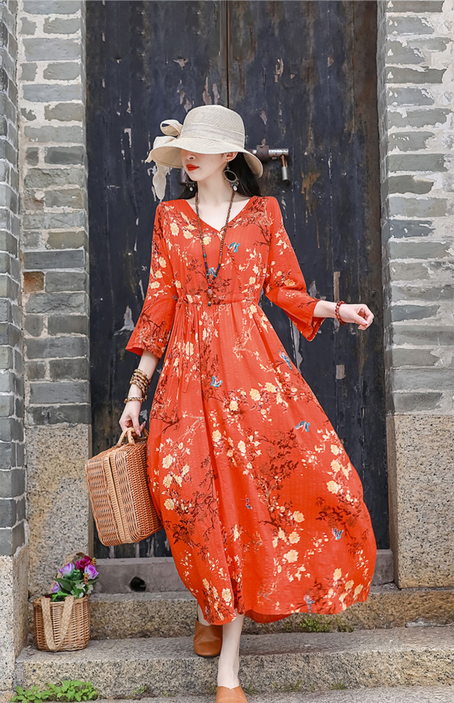 Autumn Summer Women Dresses Casual Loose Vintage Floral Print Waist Drawstring Dress Fashion Elegant Long Dress Clothing Robe alx