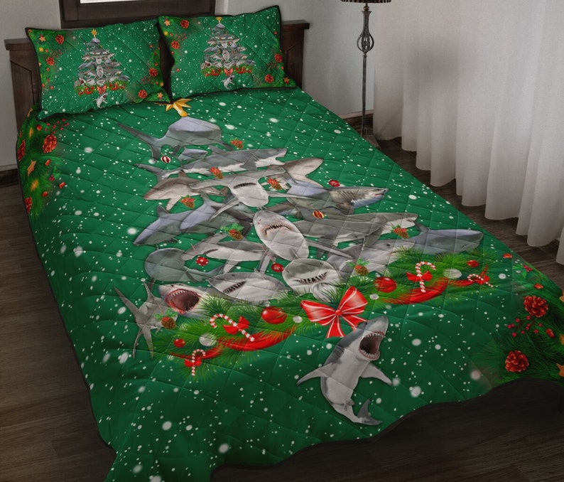 Shark Christmas Tree Pine Quilt Bedding Set