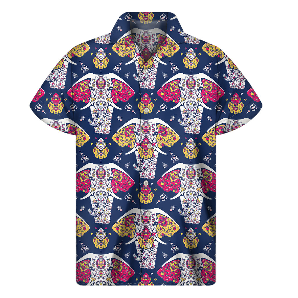 Indian Floral Elephant Pattern Print Men’S Short Sleeve Shirt