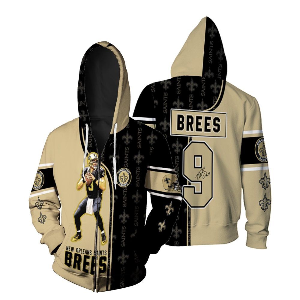 Drew Brees 9 New Orleans Saints Signature 3D Zip Hoodie All-Over Print