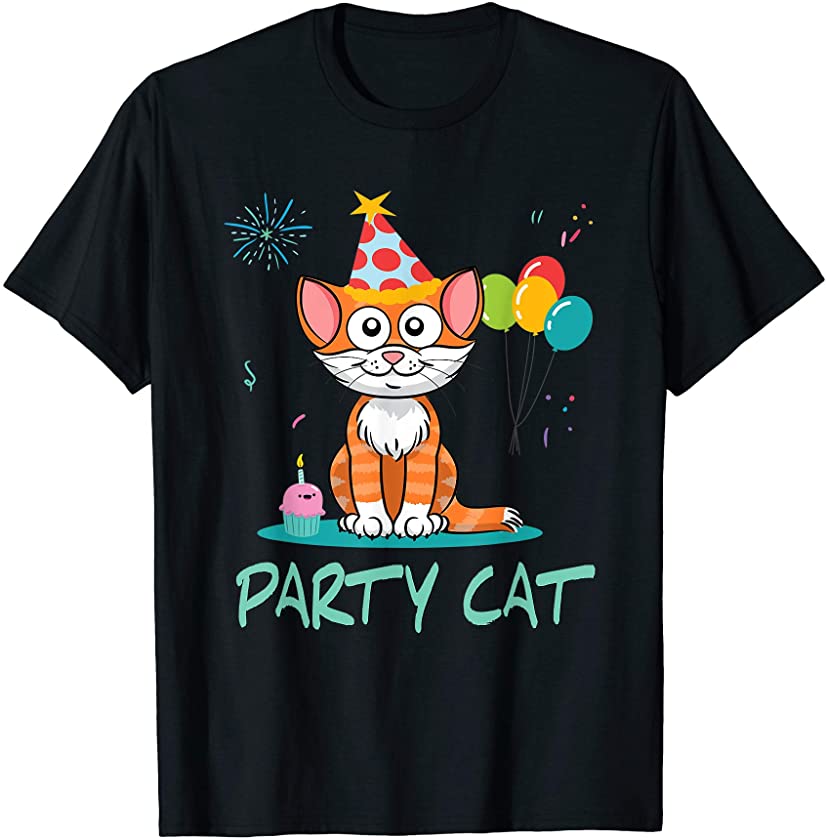 Party Cat or Kitten with Birthday Cupcake and Balloons T-Shirt