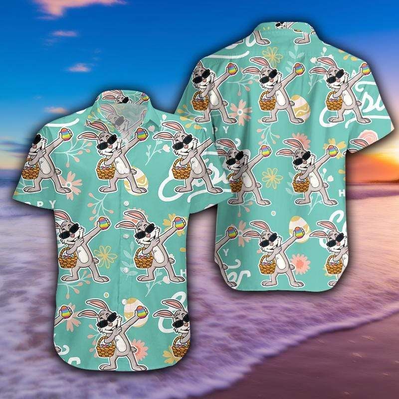 Funny Dabbing Bunny With Egg Happy Easter Green Hawaii Aloha Shirts Ha84786