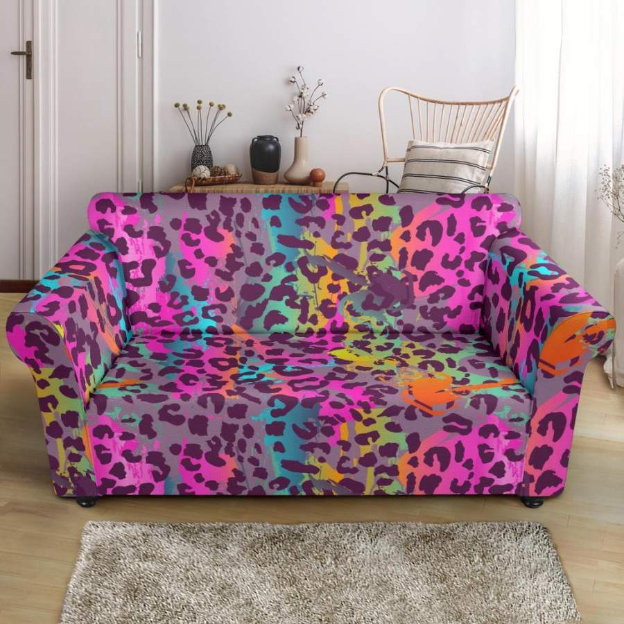 Rainbow Cheetah Leopard Pattern Print Loveseat Cover