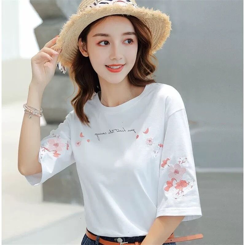 White T Shirt Women Summer Shirt Embroidery High quality 100% Cotton Short sleeve Ladies Tops Casual Solid color Pink alx