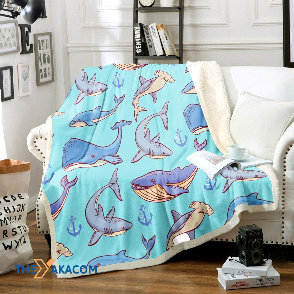 3D Baby Shark Blue Background Fleece Sherpa Throw Blanket