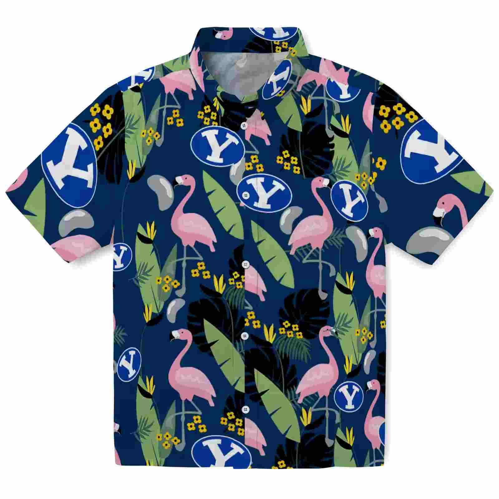Byu Cougars Flamingo Leaves Blue Hawaiian Shirt