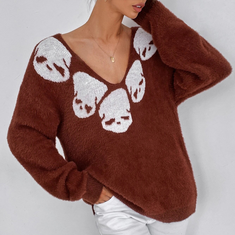 Women Skull Print Long Sleeve Tops Goth Sweater Punk Fairy Grunge Sexy V-Neck Knitted Clothes Pullovers vintage club jumper y2k alx