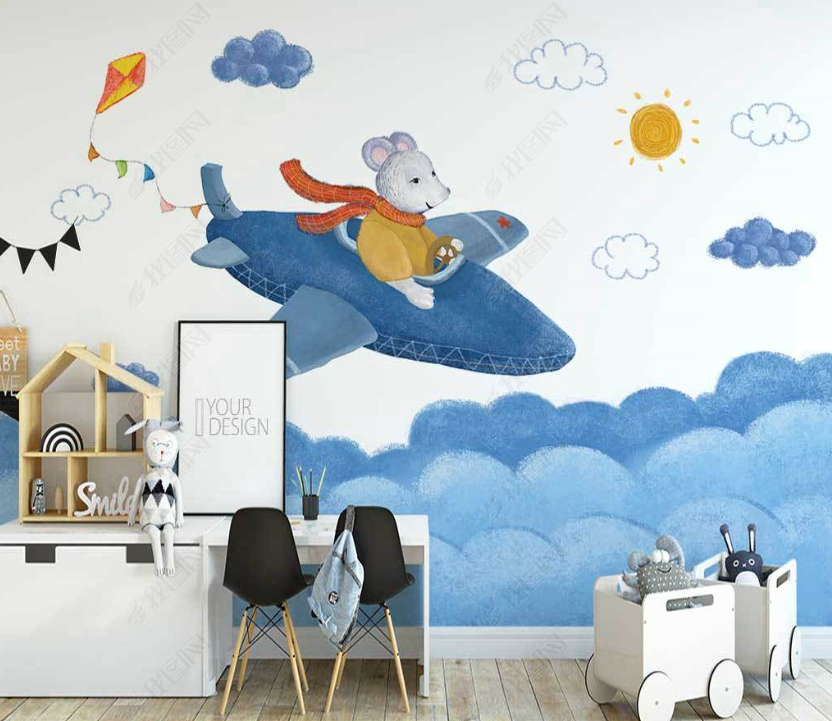 3D Watercolor Sky Cloud Airplane Animal Wall Mural Wallpaper Lqh 137