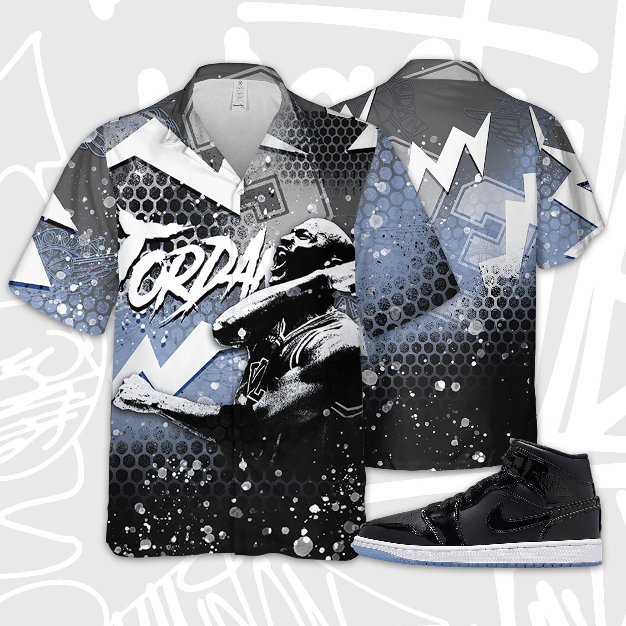 The Goat 23 3D Hexagon Hawaiian Shirt Match Jordan 1 Mid Space Jam, Summer Hawaiian Sneaker Shirt, Hawaiian Gift