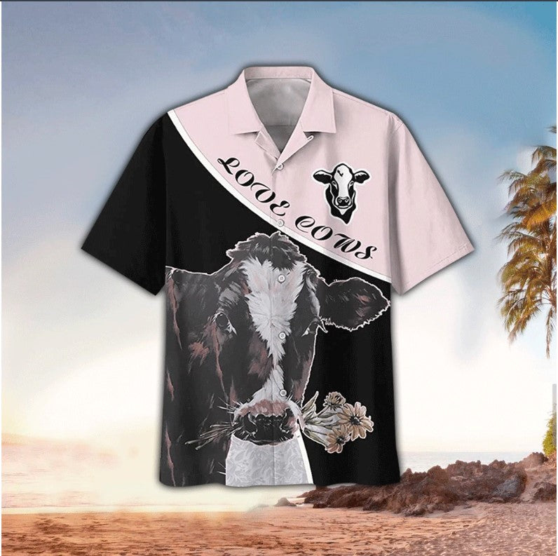 Love Cows Cow Flower Art Casual Button Down Short Sleeves Unisex Hawaii Shirt Men Ha68595